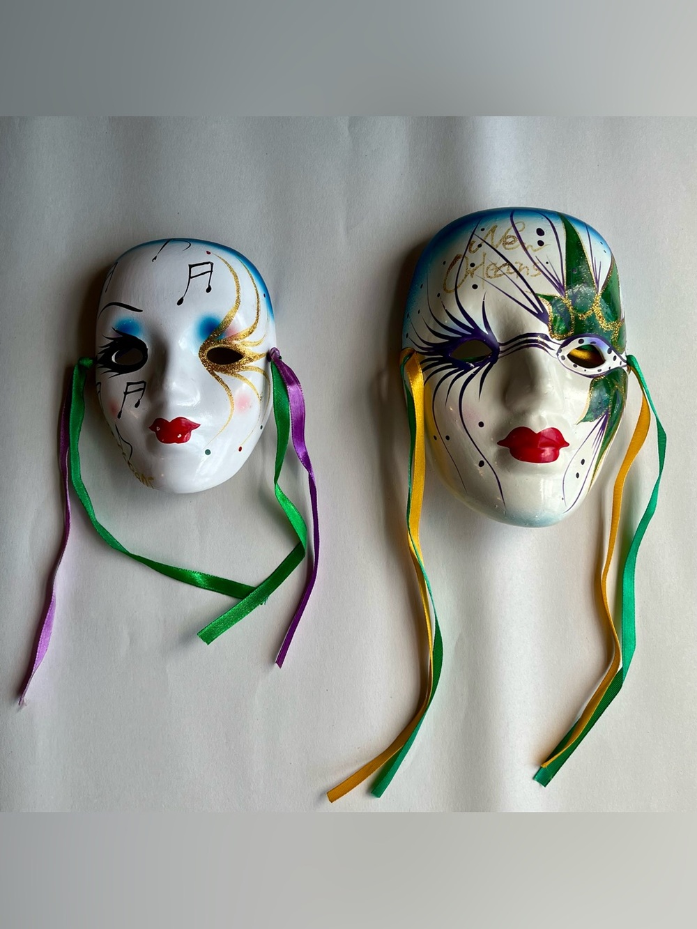 Vintage Hand Painted Mardi Gras Ceramic Masquerade Wall Mask - Set of 2